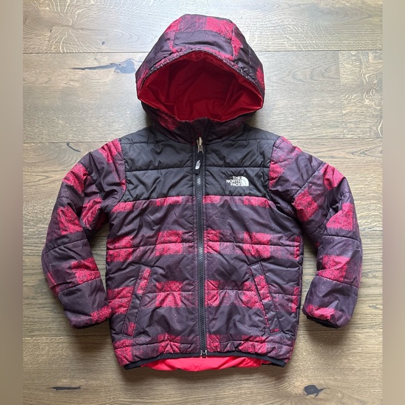 The North Face Reversible 2 In 1 Perrito Kids Jacket In Red/Black Check Size 5 - Picture 1 of 14